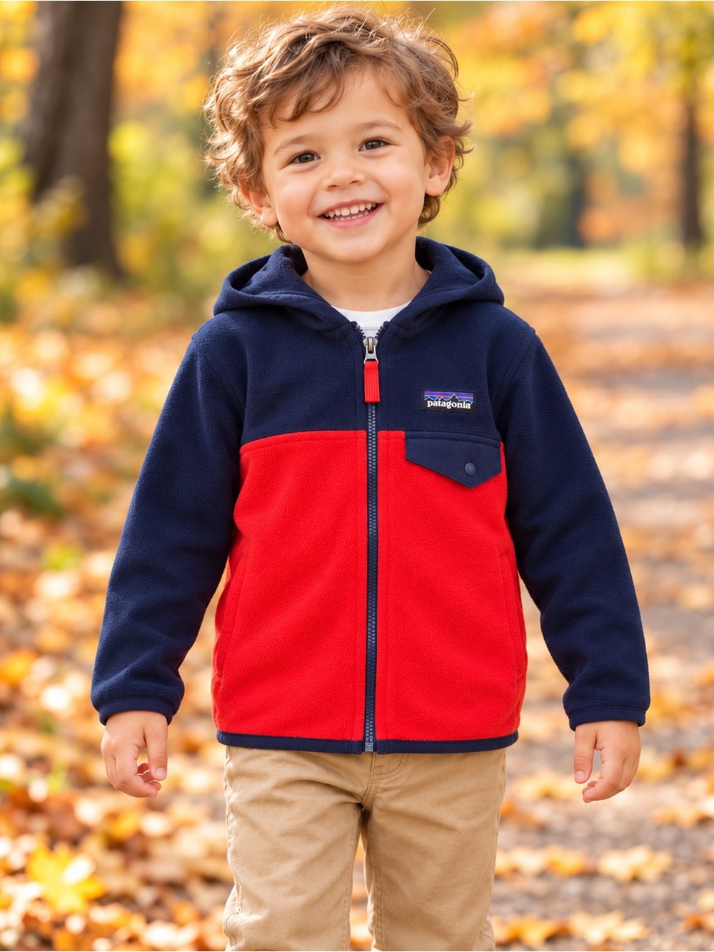 Patagonia Micro D Snap-T Hooded Fleece Jacket 3T Navy Blue Red Full Zip